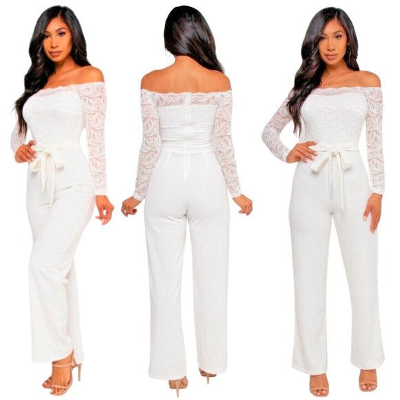 White Cold Shoulder Jumpsuit with Long Sleeves and Tie Belt SMALL - Picture 2 of 5
